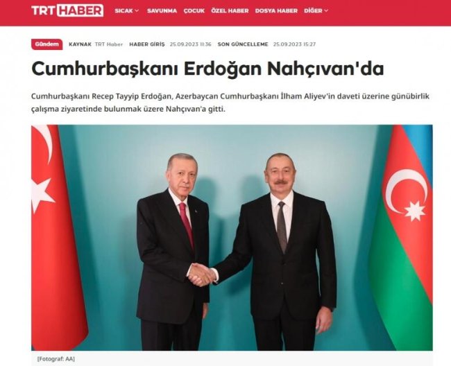 İlham Əliyev və Rəcəb Tayyib Ərdoğanın Naxçıvan görüşü Türkiyə mətbuatında